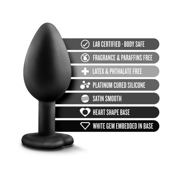 Bling Anal Plug with Heart-Shaped Gem Base Small Black