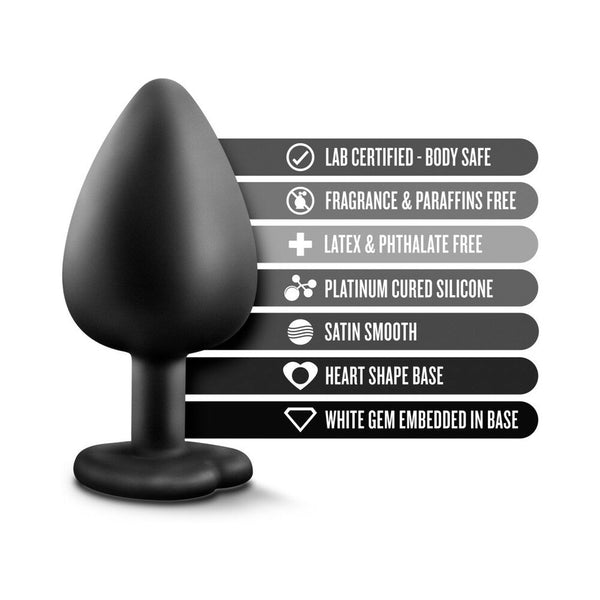 Bling Anal Plug with Heart-Shaped Gem Base Large Black